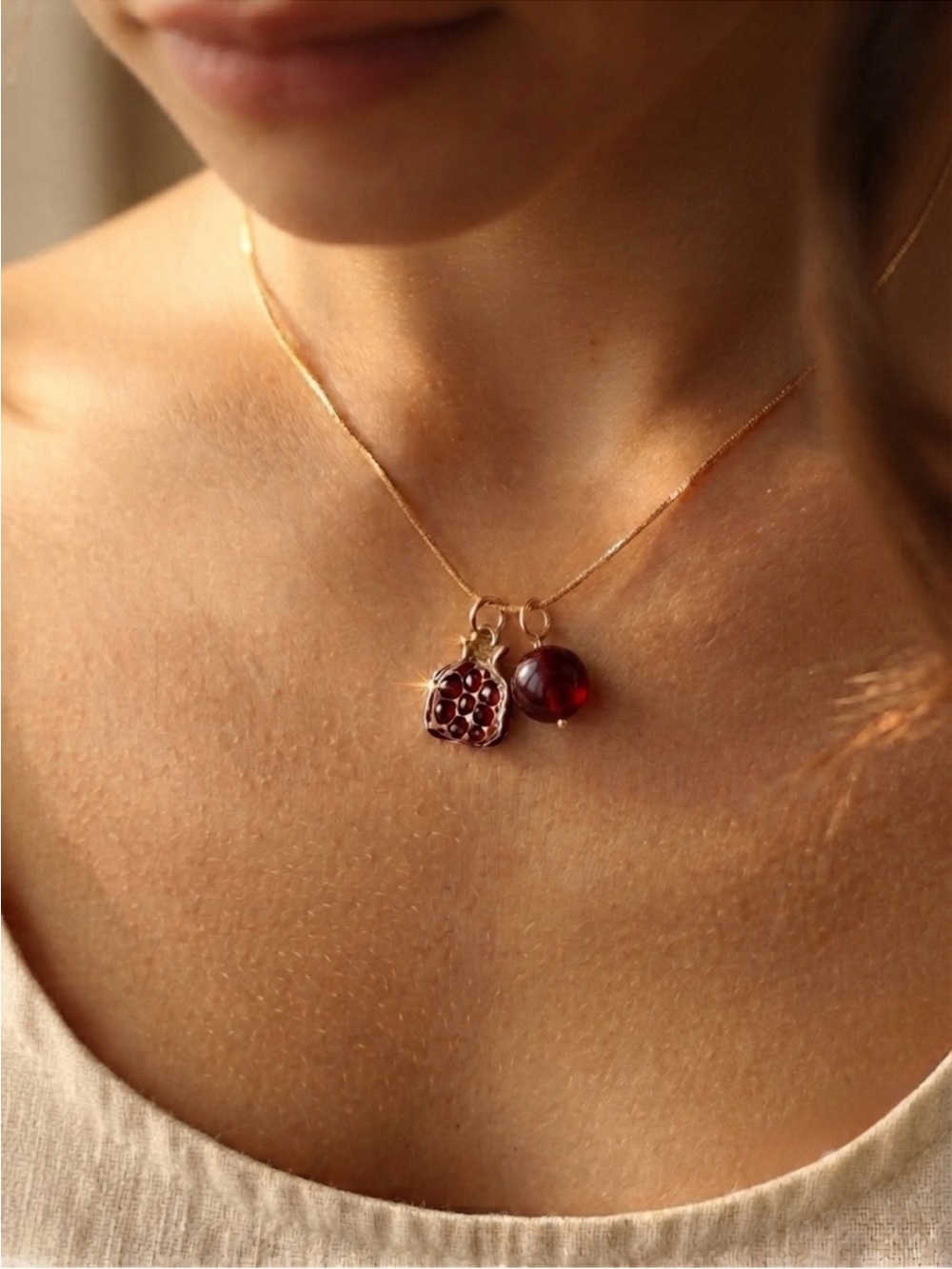 24k Gold Plated Chain Necklace with Red Charm and Bead